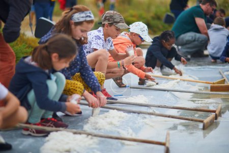 Photo for LES SABLES DOLONNE, FRANCE - AUGUST 1, 2023: Children gathering salt at salterns, areas with hypersaline water for natural salt-works, near Les Sables dOlonne, Pays de la Loire, France - Royalty Free Image