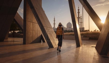 Reise in die Vereinigten Arabischen Emirate, Glückliche junge asiatische Reisende mit Rucksack und Hut in Wahat Al Karama oder Oase der Würde, permanentes Denkmal für ihre Märtyrer, und Shaikh Zayed Grand Moschee.