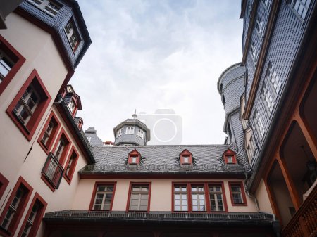 spring trip to Europe. beautiful old German cities, Travel and German sightseeing locations. scenic view to facade of old historic houses somewhere in Frankfurt city