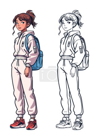 Illustration for Back to school. A teenage girl with a backpack is walking to school. The schoolgirl is dressed in a hoodie, sweatpants and sneakers. Female student character. Vector illustration - Royalty Free Image