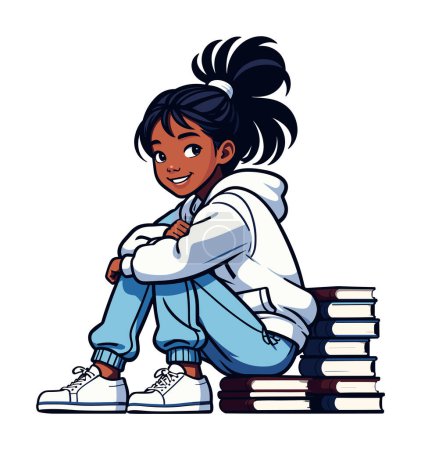 Ilustración de Una chica de piel oscura se sienta en una pila de libros y mira sonriente a la cámara - Imagen libre de derechos