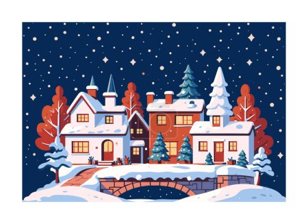 Illustration for A Christmas village at night covered in snow. Template for Christmas card. Winter Christmas village landscape. Merry Christmas Card. Vector illustration - Royalty Free Image