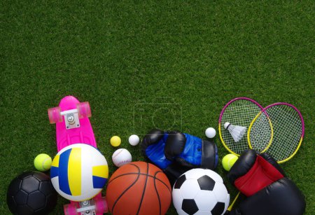 Photo for Set of sport equipment on green grass - Royalty Free Image