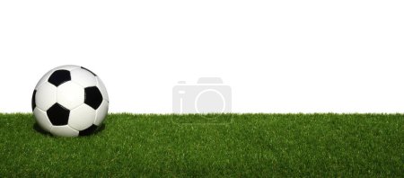 Foto de Pelota de fútbol sobre hierba verde aislado en blanco - Imagen libre de derechos