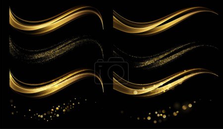 Illustration for Abstract Gold Waves. Shiny golden moving lines design element with glitter effect on black background for gift, greeting card and disqount voucher. Vector Illustration - Royalty Free Image