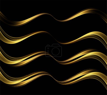 Téléchargez les illustrations : Abstract Gold Waves. Shiny golden moving lines design element with glitter effect on black background for gift, greeting card and disqount voucher. Vector Illustration - en licence libre de droit