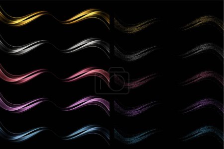 Illustration for Abstract Gold Blue Pink Purple Waves. Shiny golden moving lines design element with glitter effect on black background for gift, greeting card and disqount voucher. Vector Illustration - Royalty Free Image