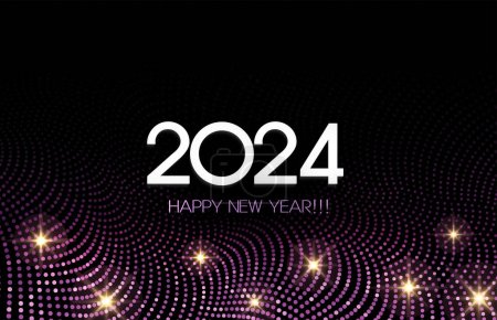 2024 Happy New Year Abstract shiny purple halftone wave and gold lights stars. Retro design
