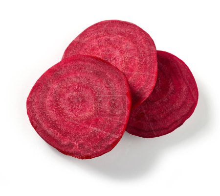 fresh raw beetroot slices isolated on white background, top view