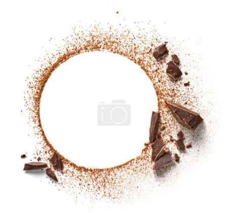 Photo for Round composition of cocoa and chocolate pieces isolated on white background, top view - Royalty Free Image