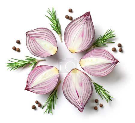Photo for Composition of red onions and spices isolated on white background, top view - Royalty Free Image