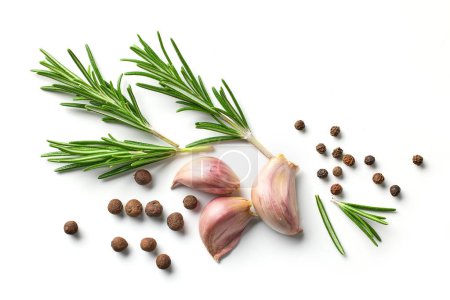 Foto de Composition of garlic and spices isolated on white background, top view - Imagen libre de derechos
