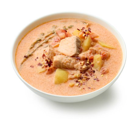 Téléchargez les photos : Bowl of salmon and tomato soup isolated on white background - en image libre de droit