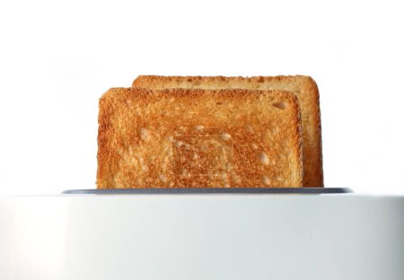 Foto de Toasted bread slices in toaster on white background - Imagen libre de derechos