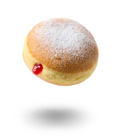 Photo for Freshly baked jelly donut levitate on white background, isolated - Royalty Free Image