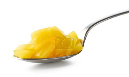 Photo for Spoon of canned jackfruit pieces isolated on white background - Royalty Free Image
