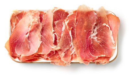 Photo for Plate of sliced spanish iberico ham isolated on white background, top view - Royalty Free Image