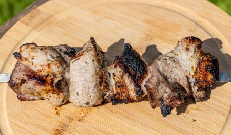 Photo for Grilled marinated pork meat skewer on wooden cutting board - Royalty Free Image