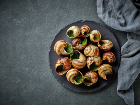 Photo for Plate of baked escargot snails filled with parsley and garlic butter on grey background, top view - Royalty Free Image