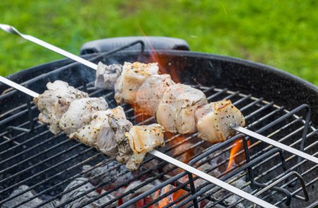 Photo for Marinated pork skewers grilling on charcoal grill - Royalty Free Image