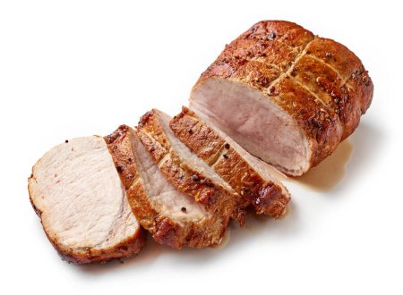 Photo for Sliced juicy roast pork isolated on white background - Royalty Free Image
