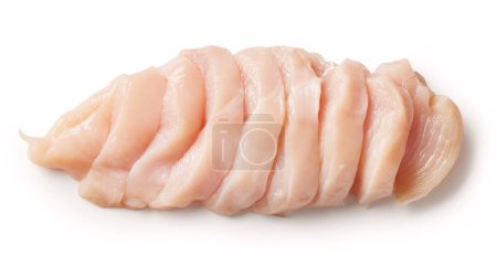 Foto de Carne fresca de filete de pollo cruda en rodajas aislada sobre fondo blanco, vista superior - Imagen libre de derechos