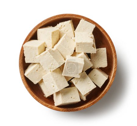 Photo for Bowl of tofu cheese cubes isolated on white background, top view - Royalty Free Image