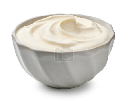 Photo for Sour cream yogurt in bowl isolated on white background - Royalty Free Image