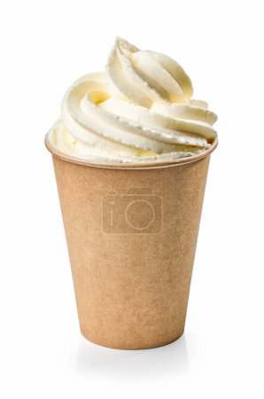 Photo for Cardboard paper take away cup of cappuccino coffee decorated with whipped cream isolated on white background - Royalty Free Image