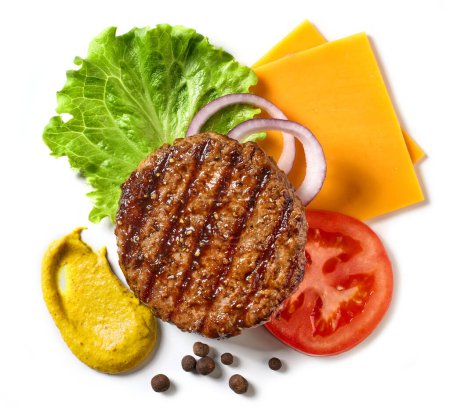 Foto de Composición de ingredientes de hamburguesa aislados sobre fondo blanco, vista superior - Imagen libre de derechos