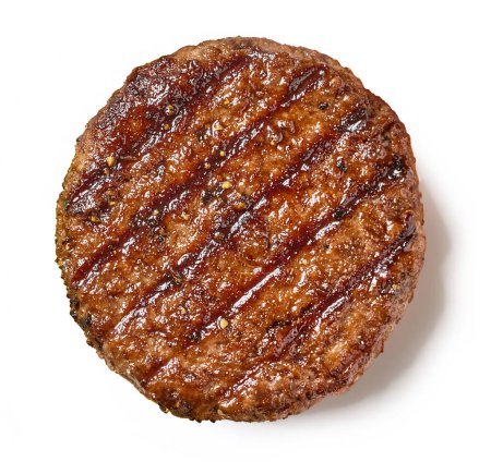 Téléchargez les photos : Hamburger fraîchement grillé isolé sur fond blanc, vue de dessus - en image libre de droit