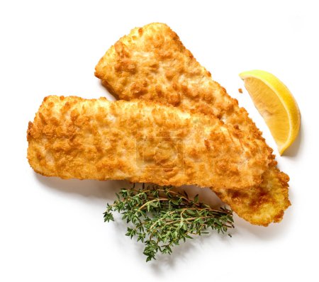 Foto de Filetes de pescado empanados fritos aislados sobre fondo blanco, vista superior - Imagen libre de derechos