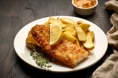 Téléchargez les photos : Assiette de fish and chips, filet de poisson pané et quartiers de pommes de terre frites sur table en bois foncé - en image libre de droit