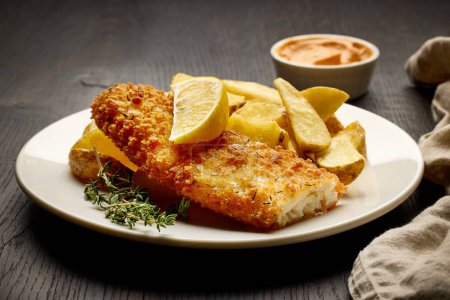 Photo for Plate of fish and chips, breaded fish fillet and fried potato wedges on dark wooden table - Royalty Free Image