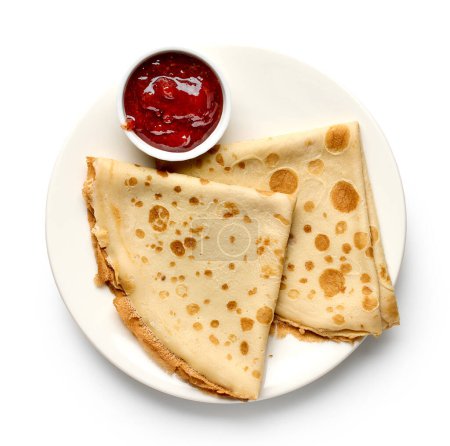Photo for Plate of crepes and strawberry jam isolated on white background, top view - Royalty Free Image