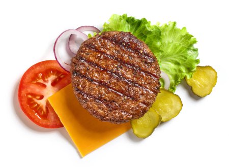 Foto de Ingredientes de hamburguesa aislados sobre fondo blanco, vista superior - Imagen libre de derechos
