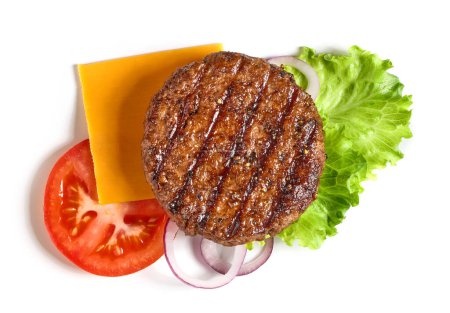 Foto de Ingredientes de hamburguesa aislados sobre fondo blanco, vista superior - Imagen libre de derechos