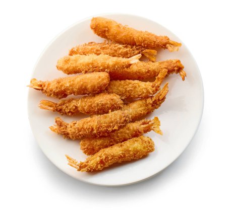 Photo for Plate of breaded Torpedo shrimps isolated on white background, top view - Royalty Free Image
