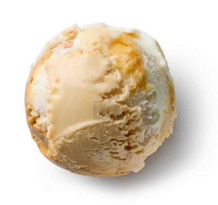 Téléchargez les photos : Boule de glace vanille et caramel isolée sur fond blanc, vue de dessus - en image libre de droit