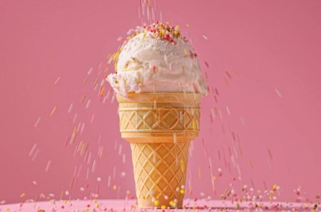Foto de Bola de helado de vainilla en cono de gofre con salpicaduras de azúcar sobre fondo rosa - Imagen libre de derechos