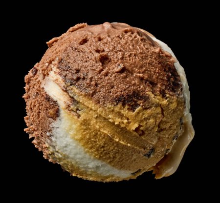 Photo for Scoop of chocolate, caramel and vanilla ice cream isolated on black background, top view - Royalty Free Image