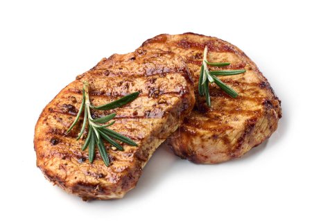Photo for Freshly grilled juicy steak with rosemary and spices isolated on white background - Royalty Free Image