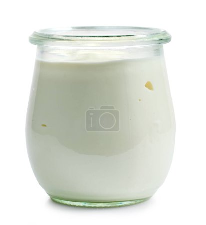Foto de Frasco de yogur crema agria aislado sobre fondo blanco - Imagen libre de derechos
