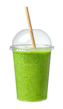 Photo for Take away cup of green spinach and banana smoothie isolated on white background - Royalty Free Image