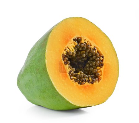Photo for Fresh cut of ripe halved papaya fruit isolated on white background - Royalty Free Image