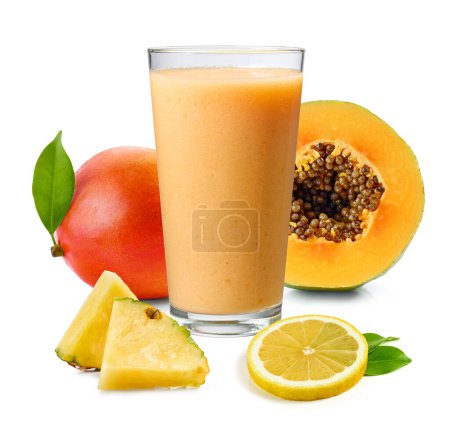 Photo for Glass of fresh yellow Papaya Sunrise ,mango and pineapple smoothie isolated on white background - Royalty Free Image