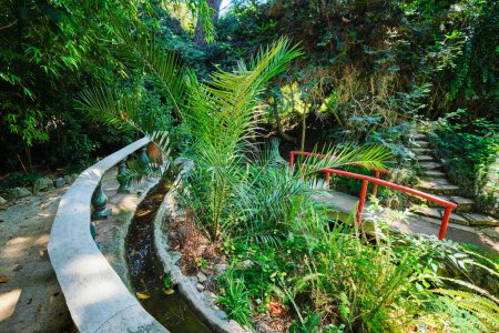 Foto de Puente rojo de estilo chino con barandillas de madera en exuberante vegetación de parte asiática del jardín botánico tropical en Lisboa, Portugal - Imagen libre de derechos