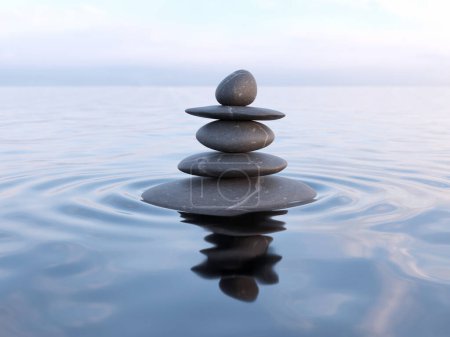 Téléchargez les photos : Pierres zen dans l'eau avec réflexion - équilibre de paix méditation concept de relaxation - en image libre de droit
