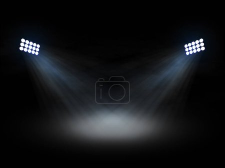 Téléchargez les photos : Projecteurs de théâtre de stade projecteurs avec des faisceaux de lumière sur fond noir - en image libre de droit