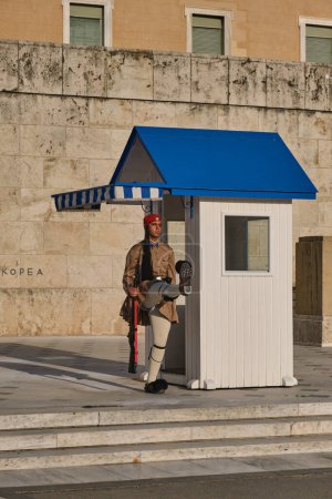 Foto de ATENAS, GRECIA - 20 DE MAYO DE 2010: Guardia ceremonial presidencial Evzone frente al Monumento del Soldado Desconocido cerca del Parlamento Griego, Plaza Syntagma, Atenea, Grecia - Imagen libre de derechos